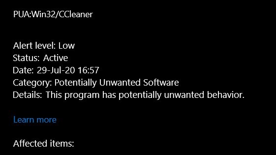 微软Win10 Defender更新后CCleaner被认